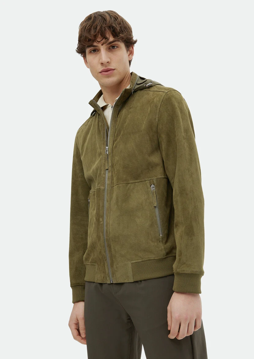 Khaki Regular Fit Turtleneck Casual Suede Leather Coat - 3