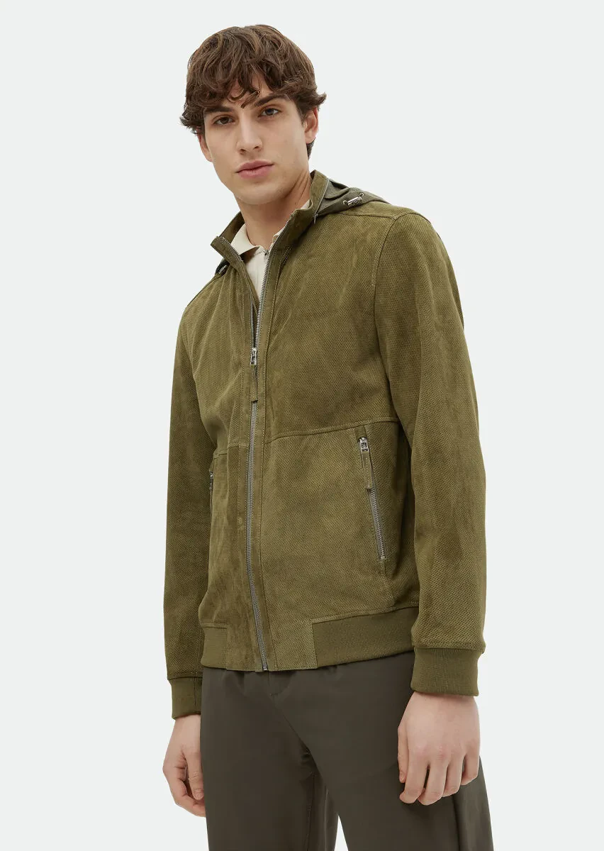 Khaki Regular Fit Turtleneck Casual Suede Leather Coat - 3