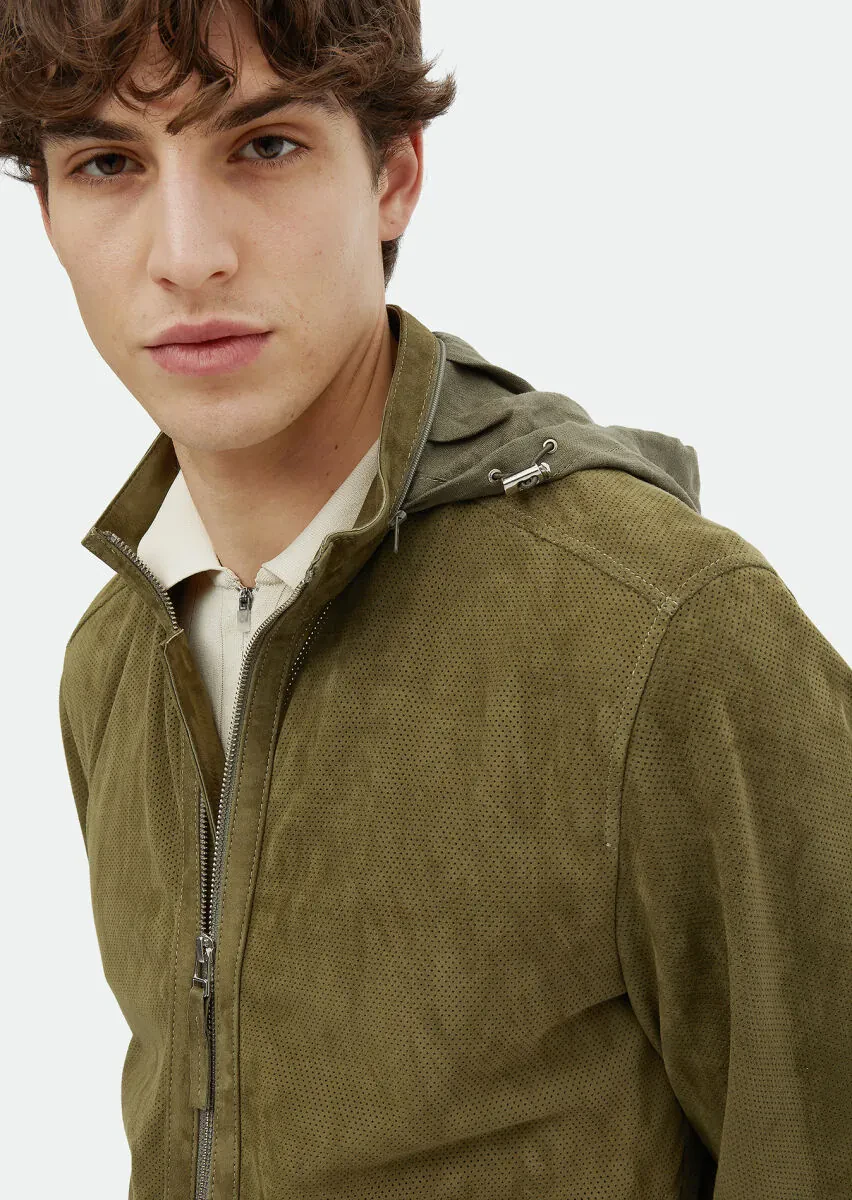 Khaki Regular Fit Turtleneck Casual Suede Leather Coat - 4