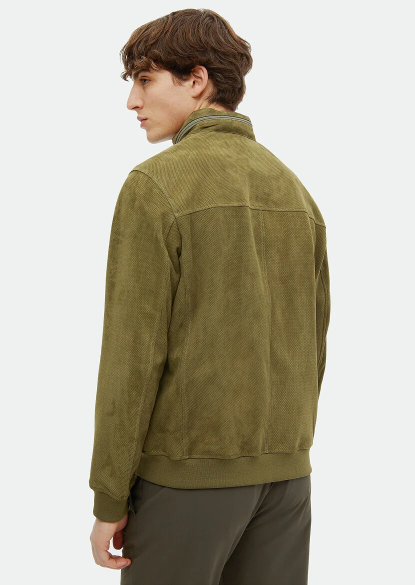 Khaki Regular Fit Turtleneck Casual Suede Leather Coat - 6