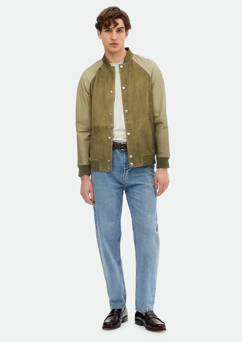 Khaki Regular Fit Turtleneck Casual Suede Leather Coat - RAMSEY