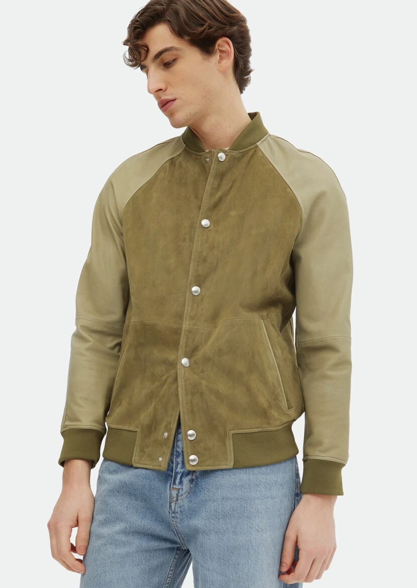 Khaki Regular Fit Turtleneck Casual Suede Leather Coat - 3