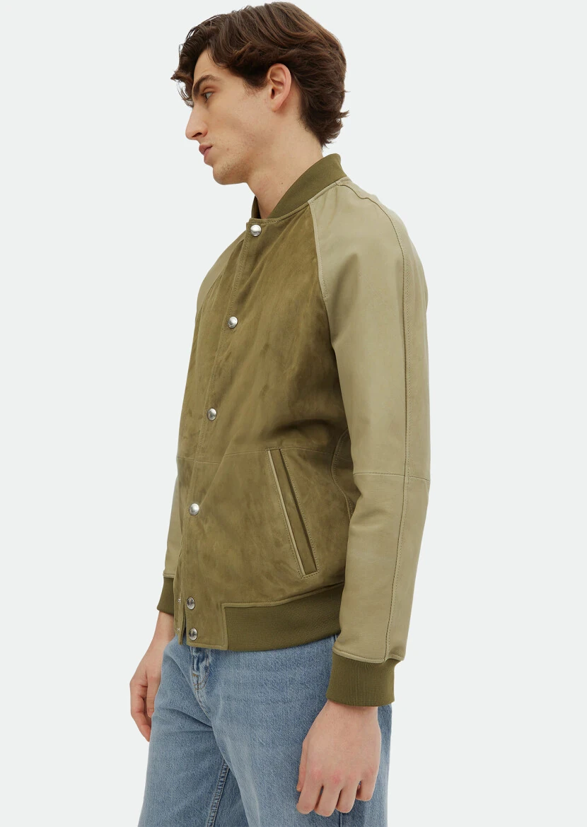 Khaki Regular Fit Turtleneck Casual Suede Leather Coat - 4