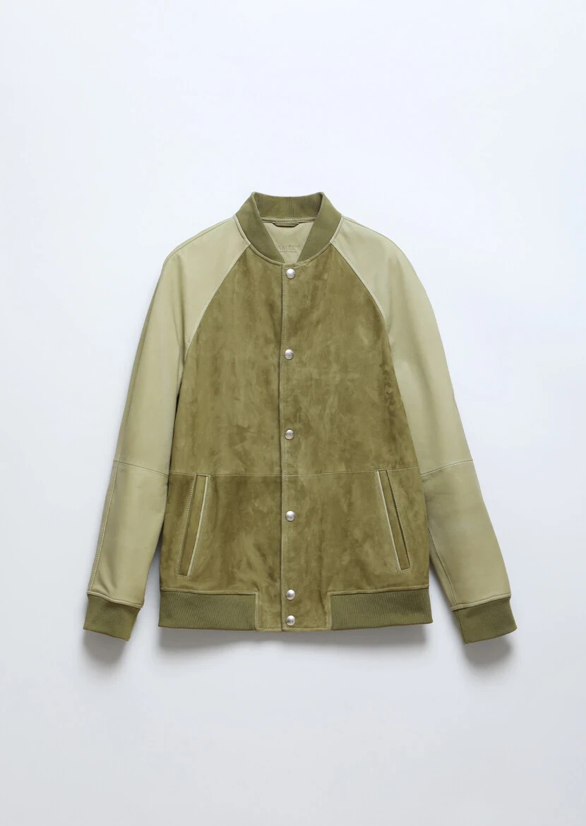 Khaki Regular Fit Turtleneck Casual Suede Leather Coat - 7