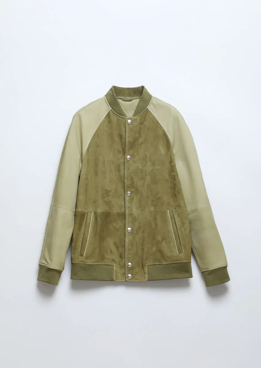 Khaki Regular Fit Turtleneck Casual Suede Leather Coat - 7