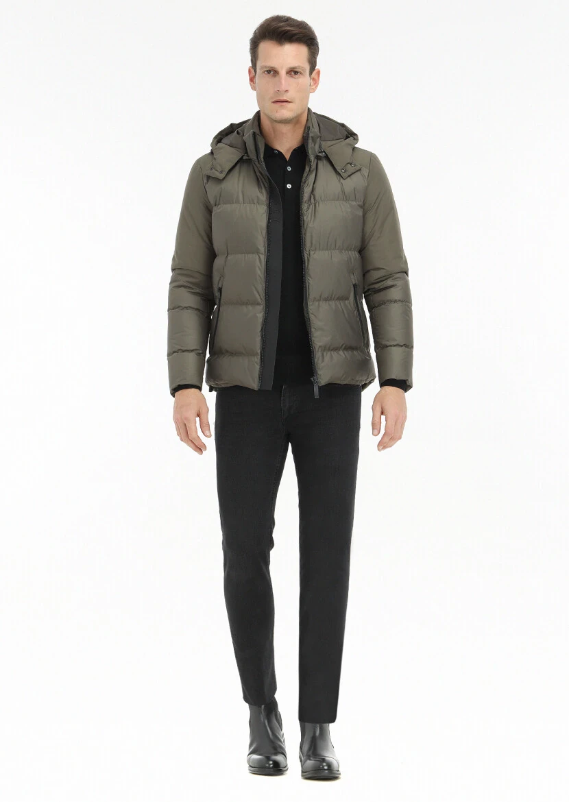 Khaki Regular Fit Turtleneck Casual Weaving Puffer Coat - 1