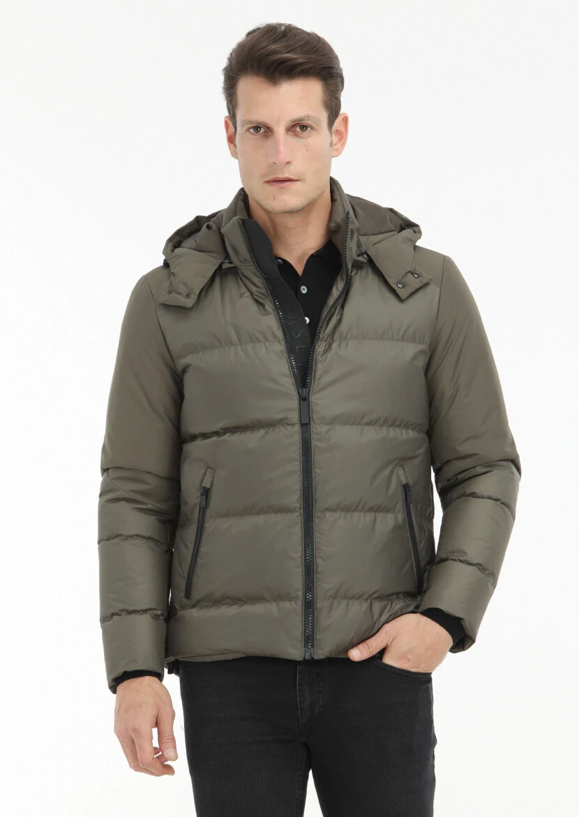 Khaki Regular Fit Turtleneck Casual Weaving Puffer Coat - 2