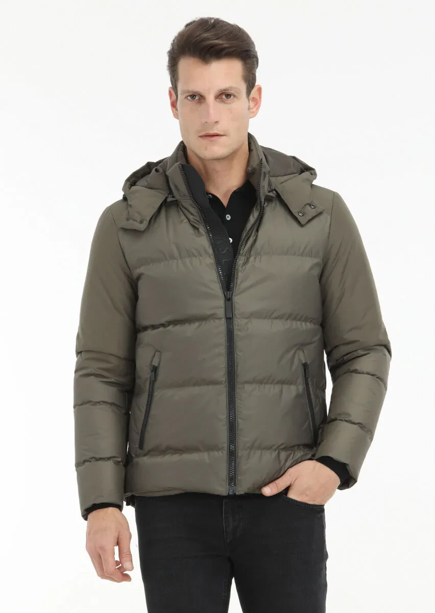 Khaki Regular Fit Turtleneck Casual Weaving Puffer Coat - 2