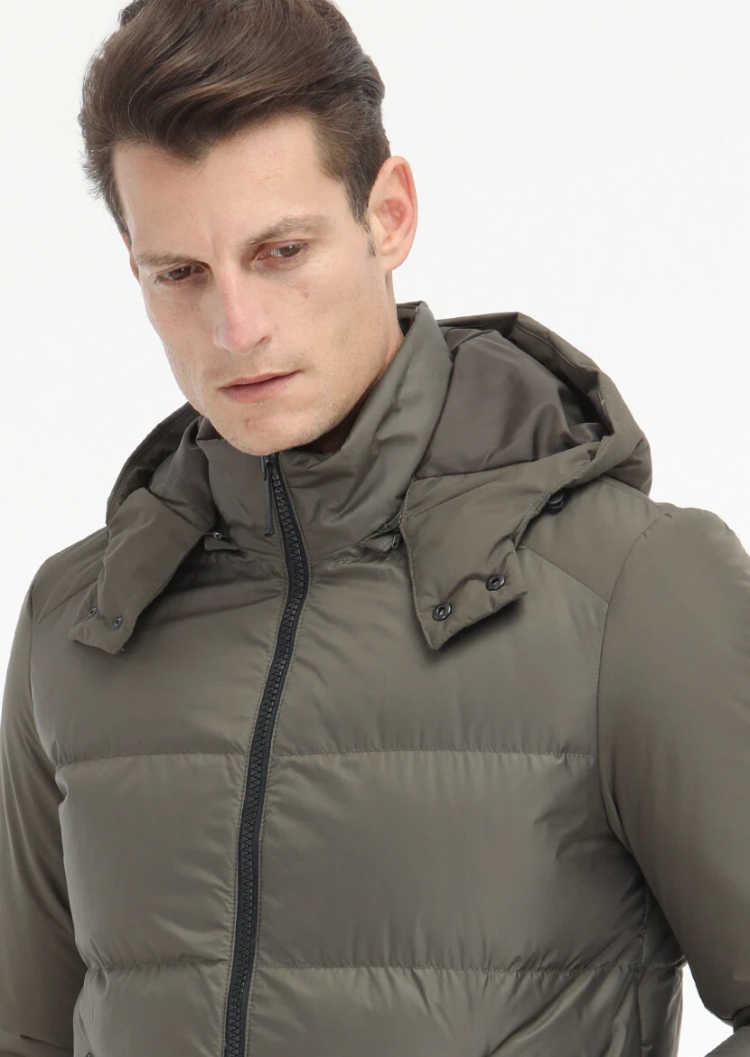 Khaki Regular Fit Turtleneck Casual Weaving Puffer Coat - 4