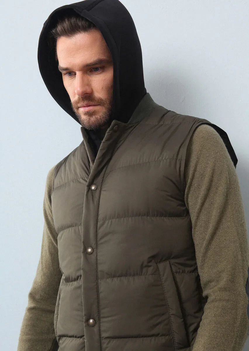 Khaki Regular Fit Turtleneck Casual Weaving Puffer Vest - 1