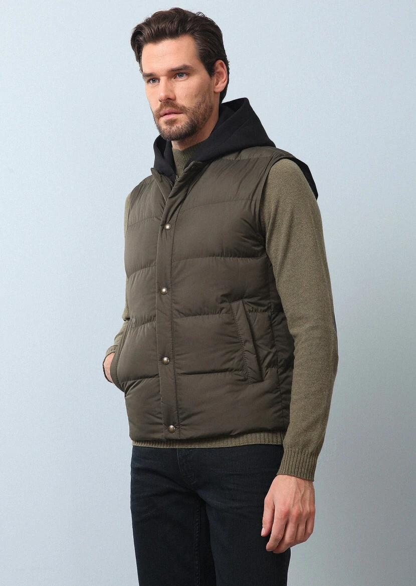 Khaki Regular Fit Turtleneck Casual Weaving Puffer Vest - 2
