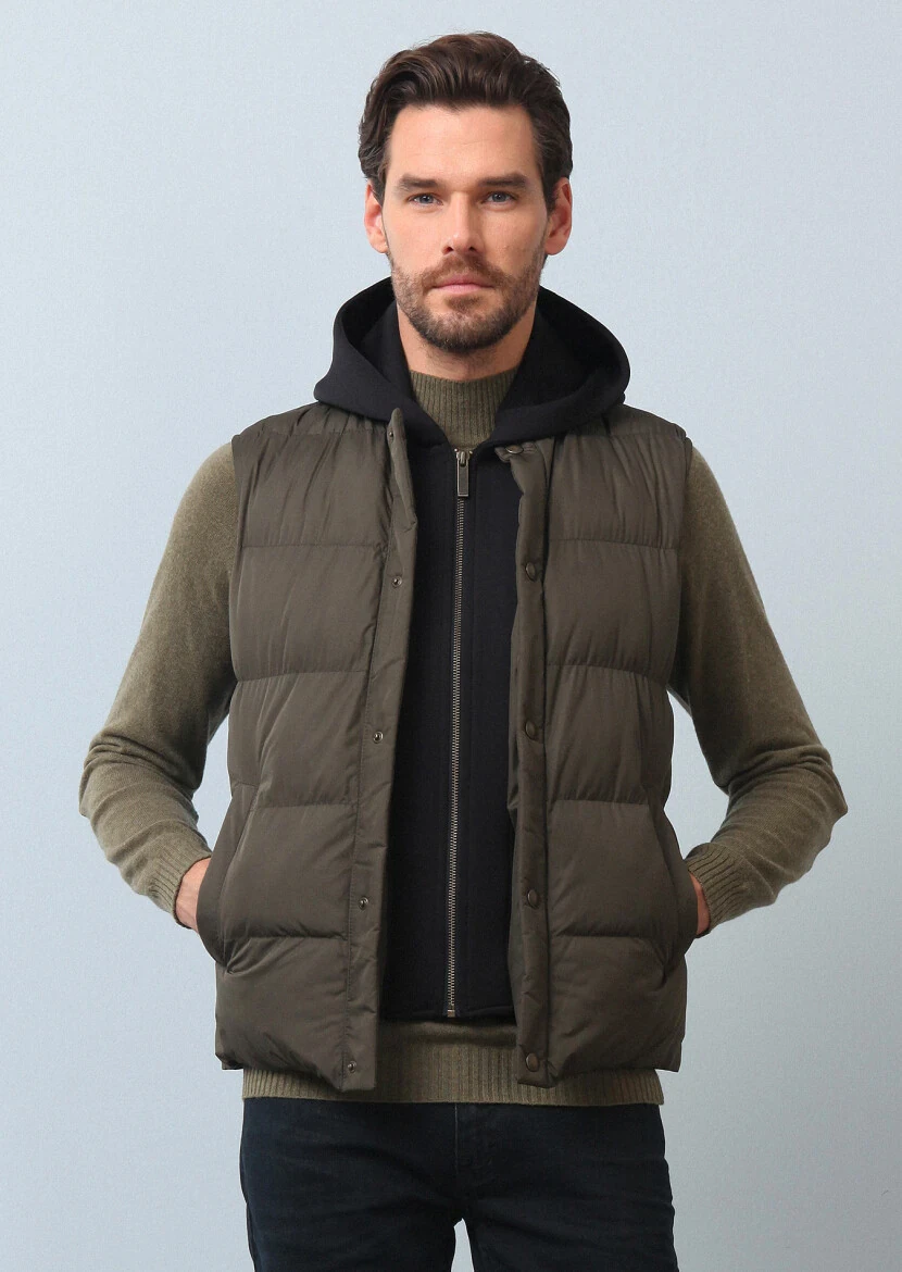 Khaki Regular Fit Turtleneck Casual Weaving Puffer Vest - 3