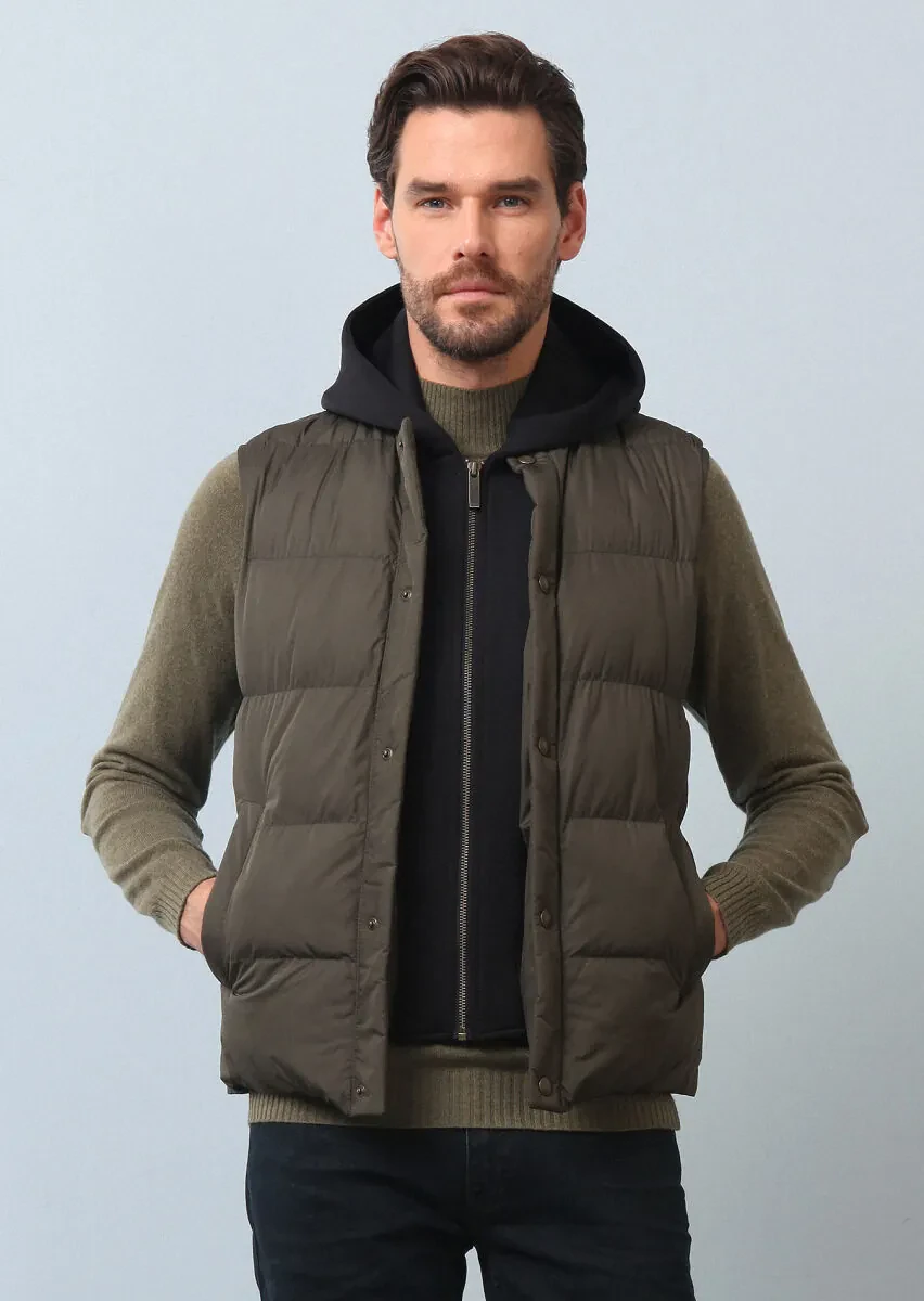 Khaki Regular Fit Turtleneck Casual Weaving Puffer Vest - 3