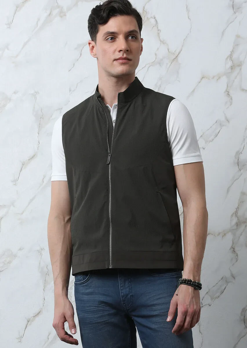 Khaki Regular Fit Turtleneck Casual Weaving Puffer Vest - 2