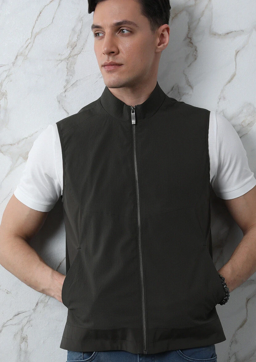 Khaki Regular Fit Turtleneck Casual Weaving Puffer Vest - 3