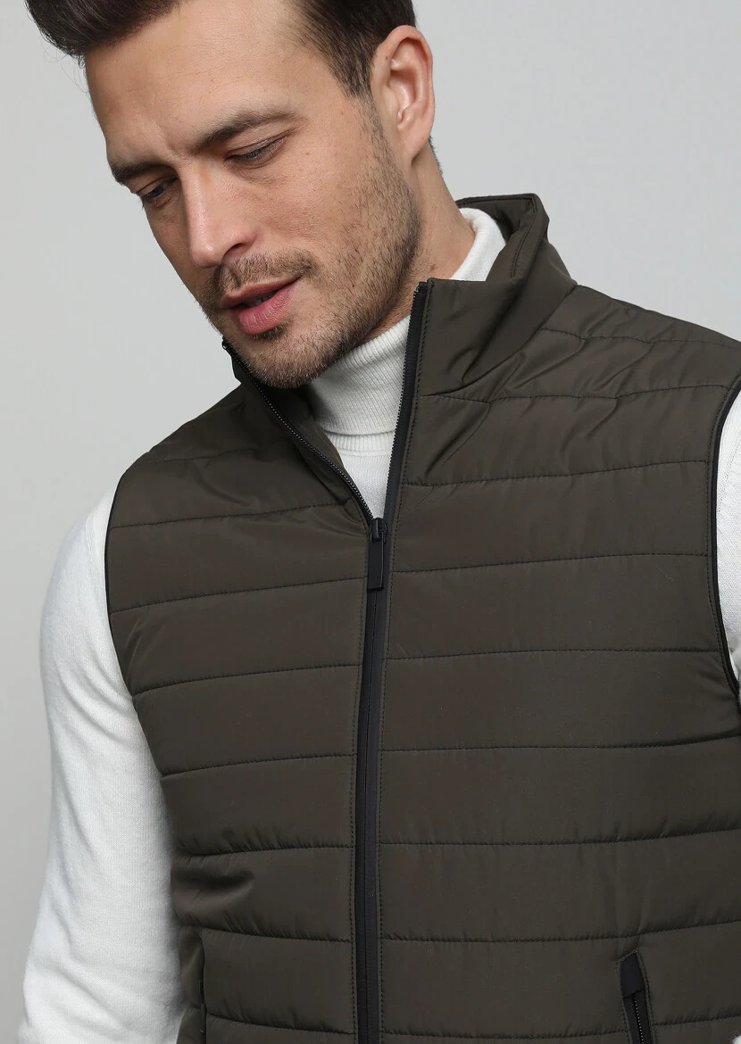 Khaki Regular Fit Turtleneck Casual Weaving Puffer Vest - 2