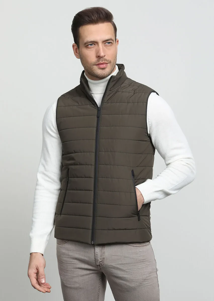 Khaki Regular Fit Turtleneck Casual Weaving Puffer Vest - 3