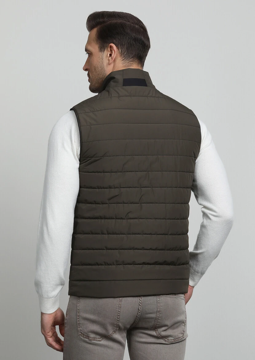 Khaki Regular Fit Turtleneck Casual Weaving Puffer Vest - 4