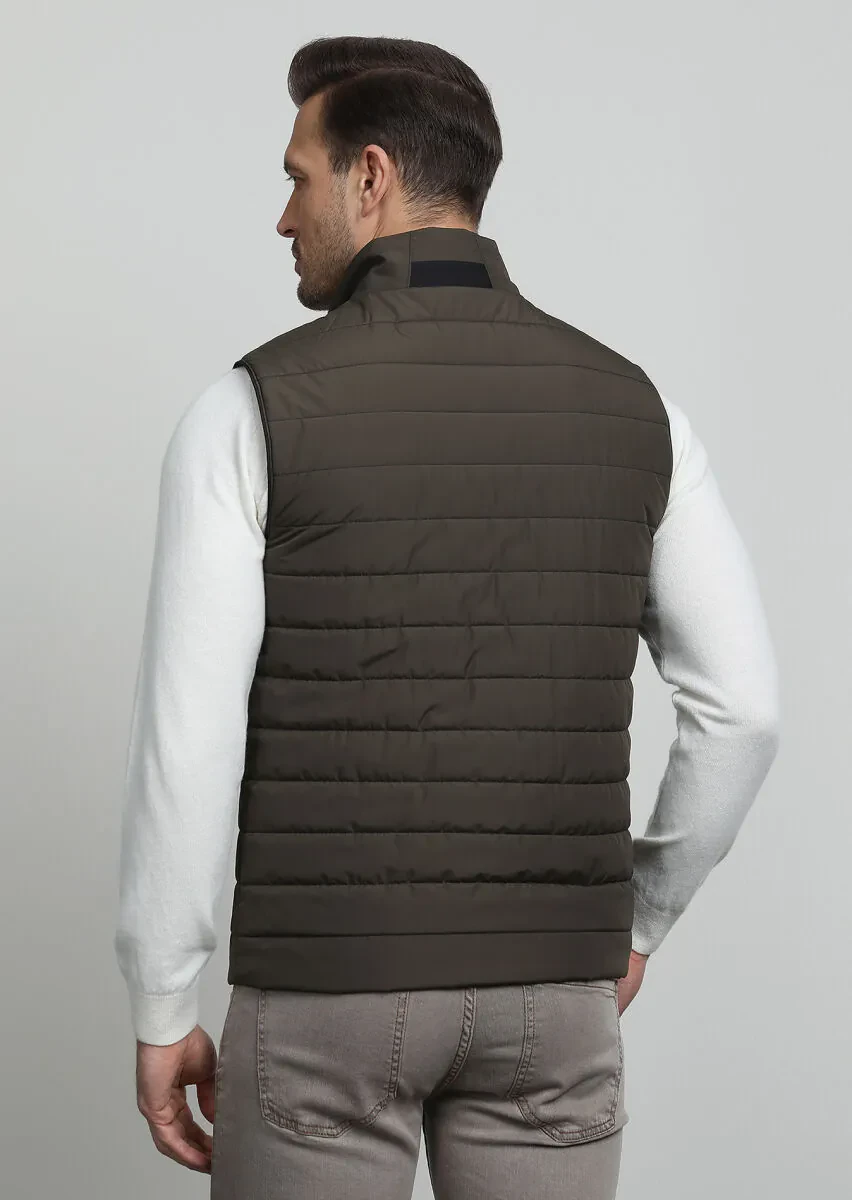 Khaki Regular Fit Turtleneck Casual Weaving Puffer Vest - 4