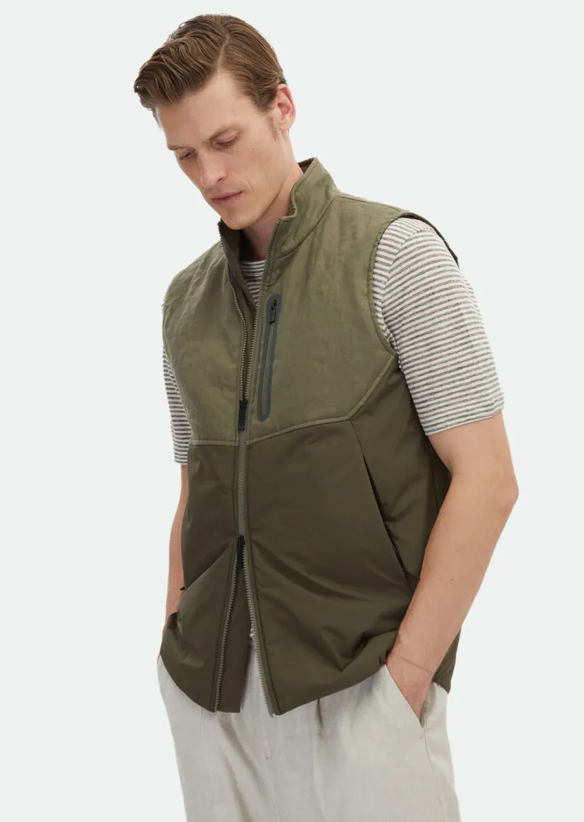Khaki Regular Fit Turtleneck Casual Weaving Puffer Vest - 4