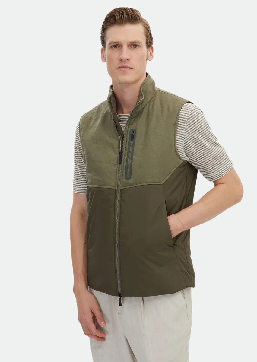 Khaki Regular Fit Turtleneck Casual Weaving Puffer Vest - 5
