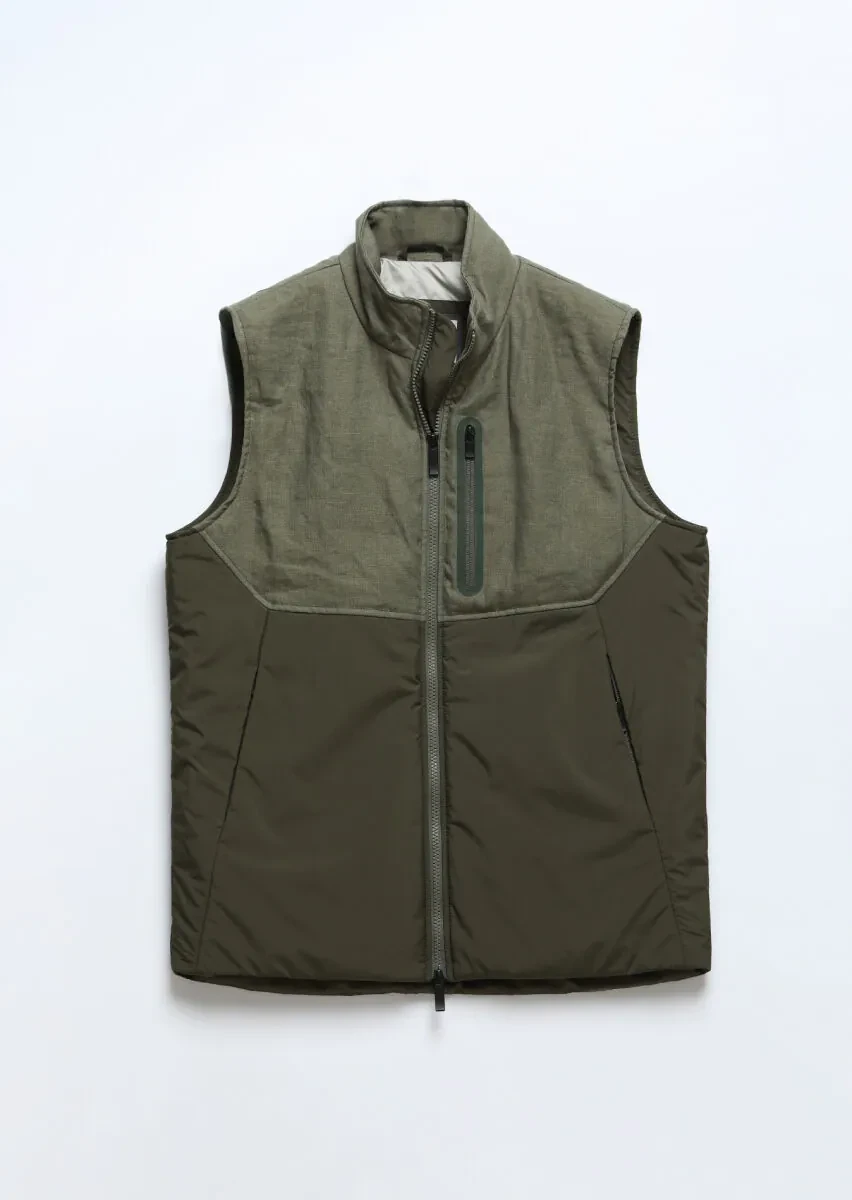 Khaki Regular Fit Turtleneck Casual Weaving Puffer Vest - 9