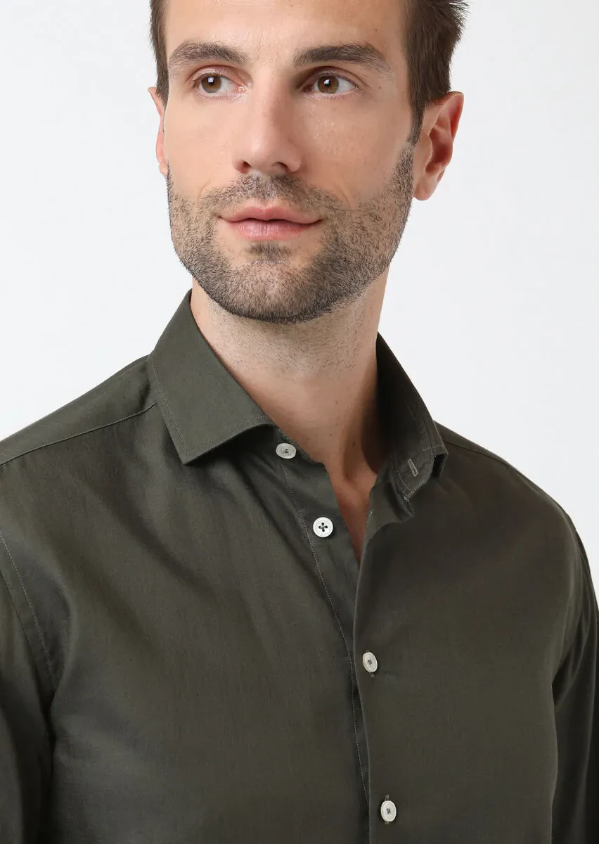 Khaki Regular Fit Weaving Casual Cotton Blended Shirt - 1