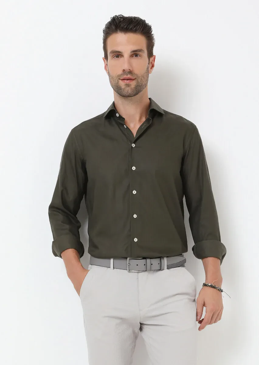 Khaki Regular Fit Weaving Casual Cotton Blended Shirt - 3