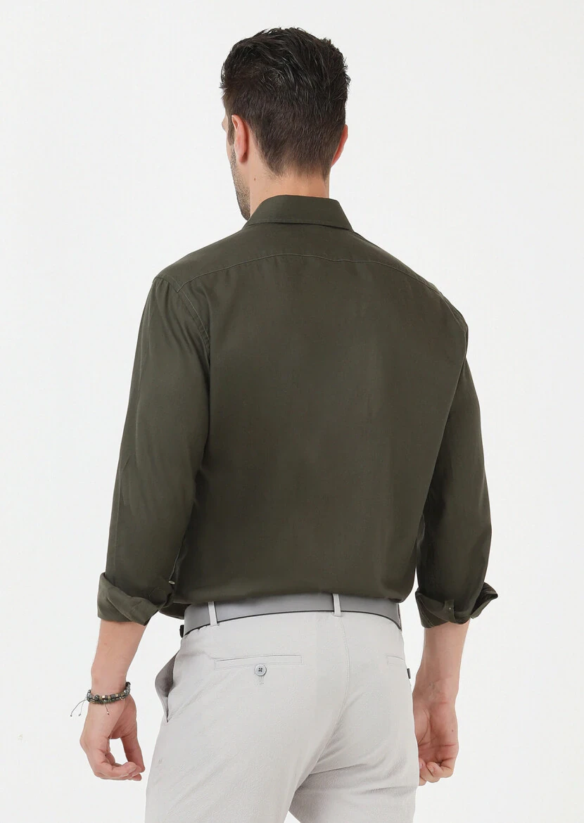Khaki Regular Fit Weaving Casual Cotton Blended Shirt - 4