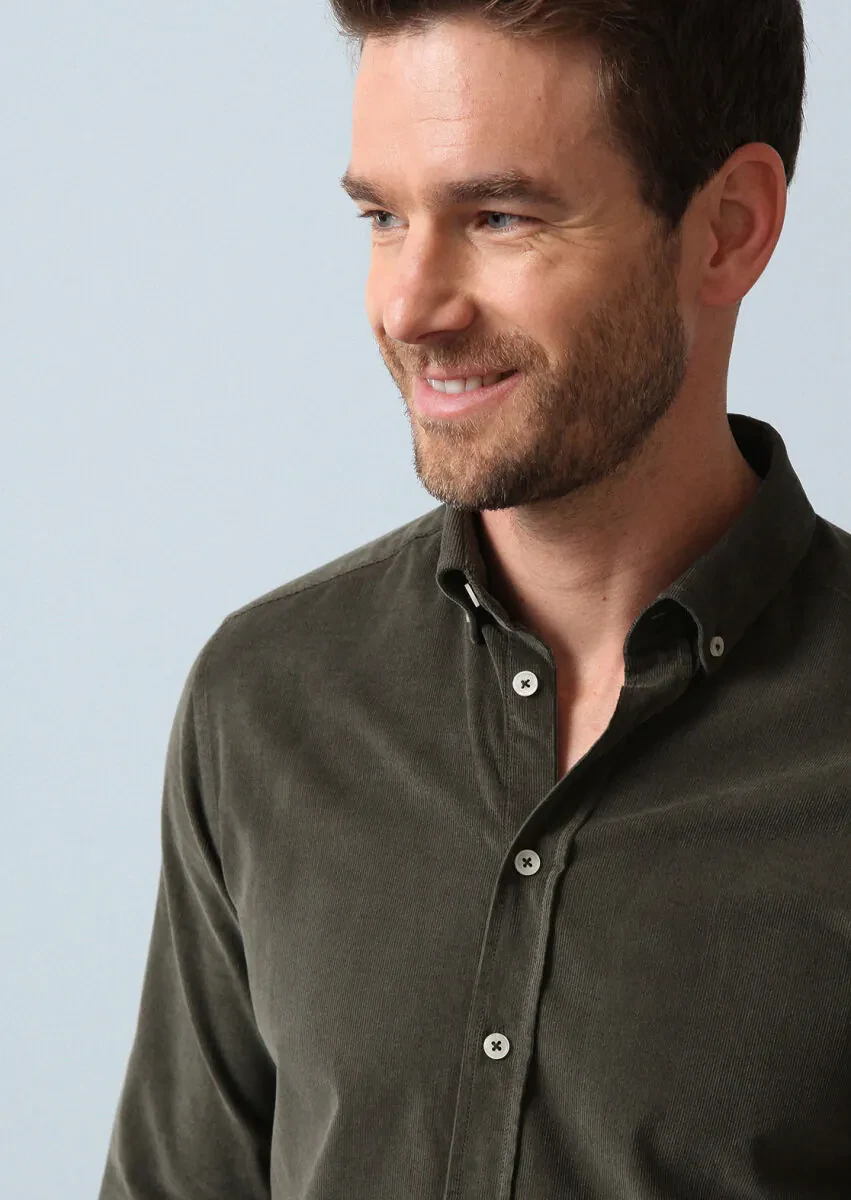 Khaki Ribbed Regular Fit Weaving Casual 100% Cotton Shirt - 1