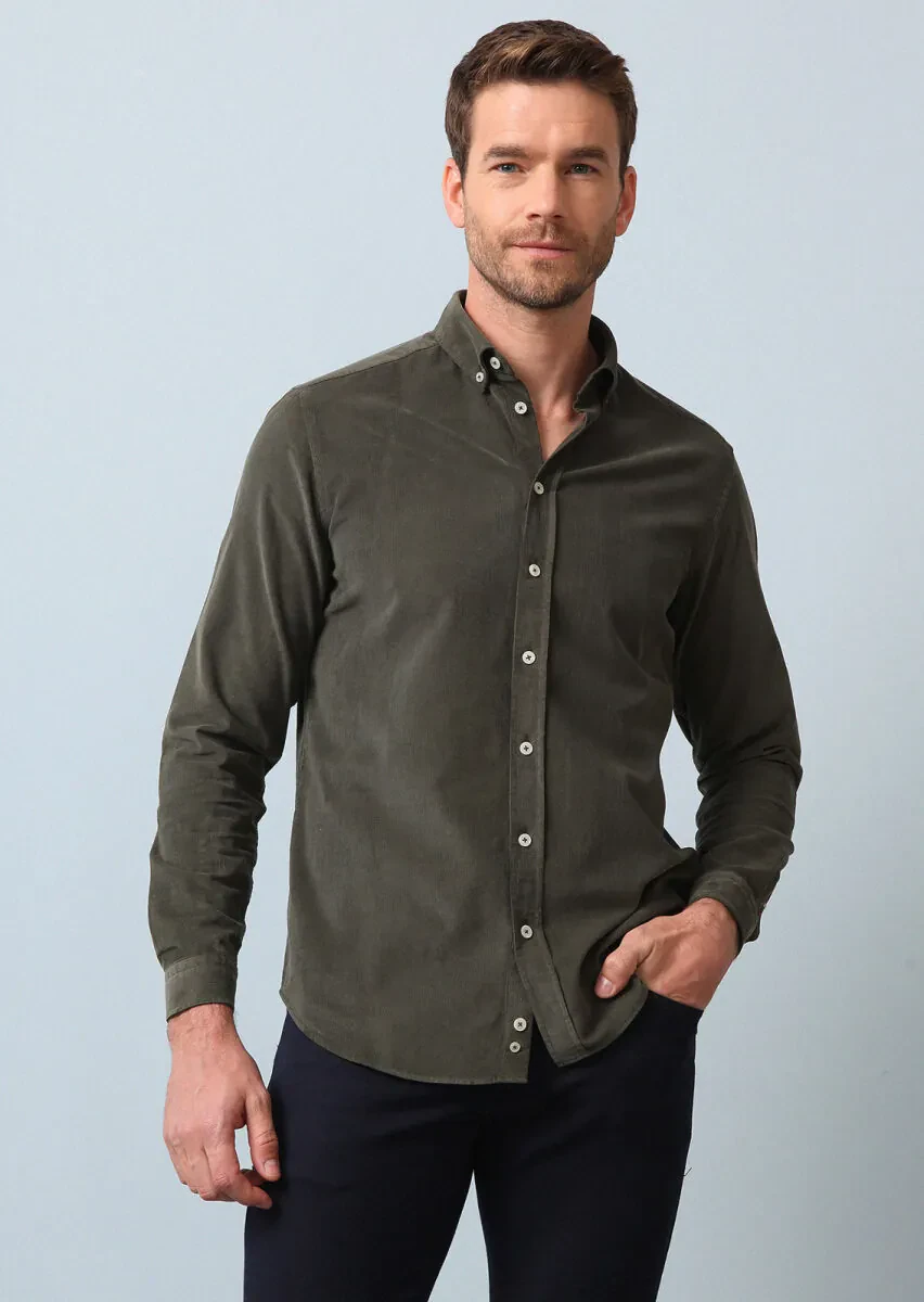 Khaki Ribbed Regular Fit Weaving Casual 100% Cotton Shirt - 2