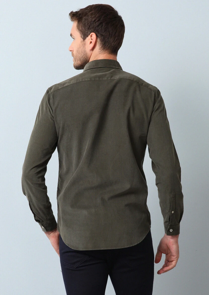 Khaki Ribbed Regular Fit Weaving Casual 100% Cotton Shirt - 5