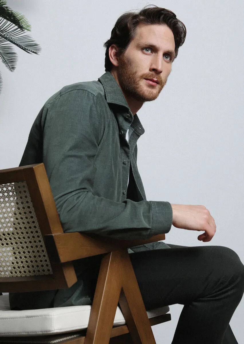 Khaki Ribbed Regular Fit Weaving Casual Cotton Blended Shirt - 1