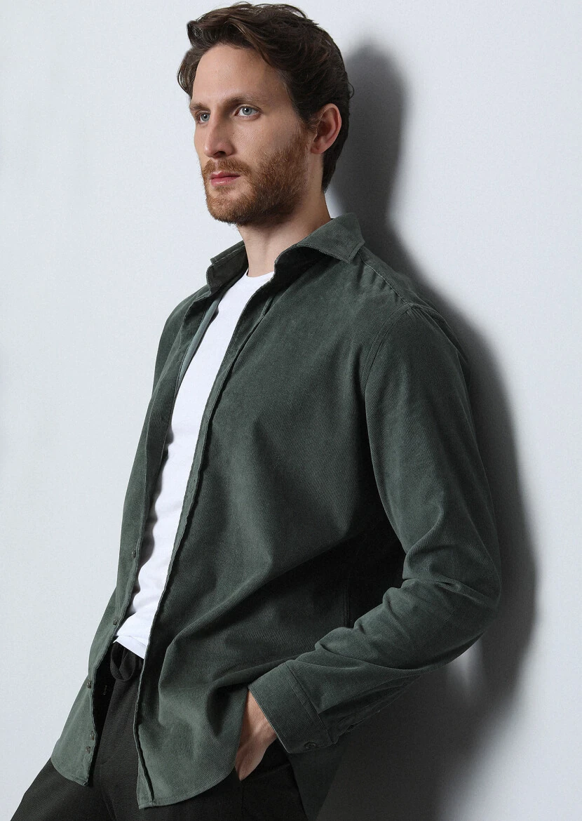 Khaki Ribbed Regular Fit Weaving Casual Cotton Blended Shirt 