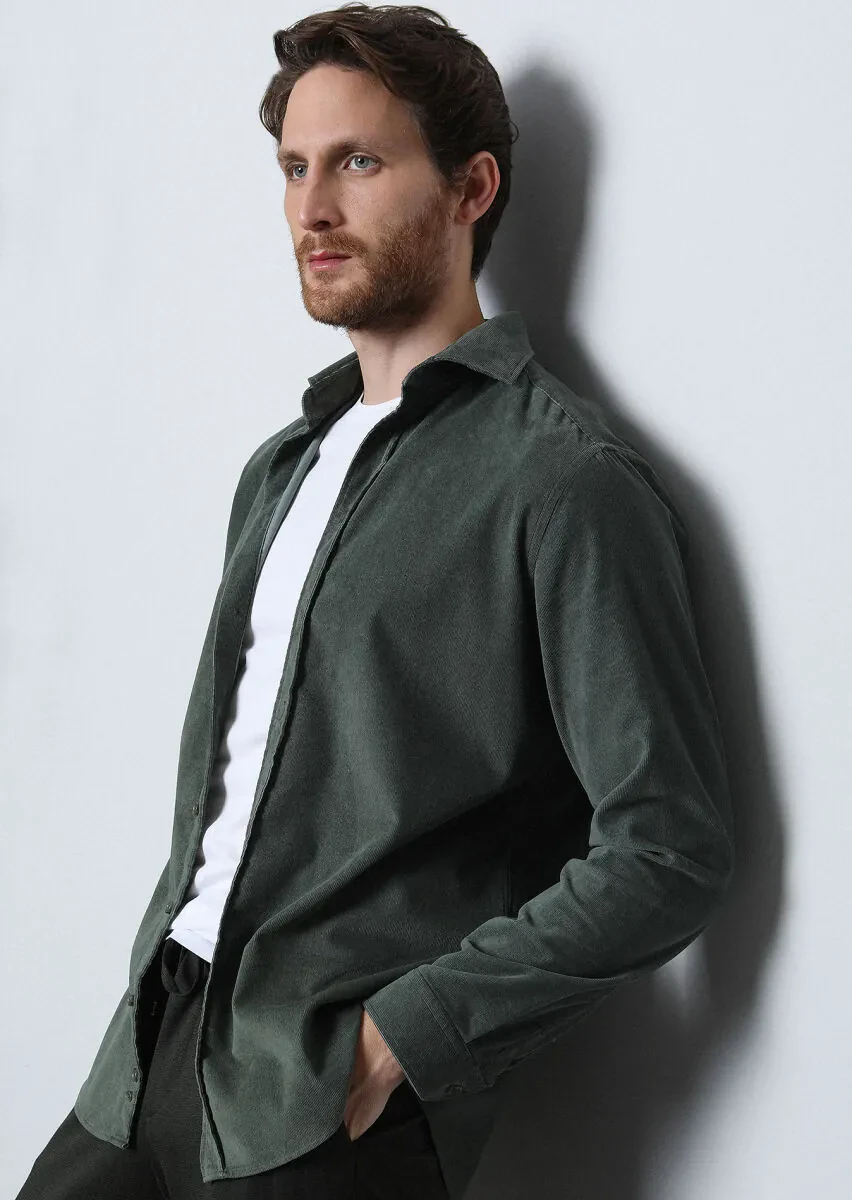 Khaki Ribbed Regular Fit Weaving Casual Cotton Blended Shirt - 2