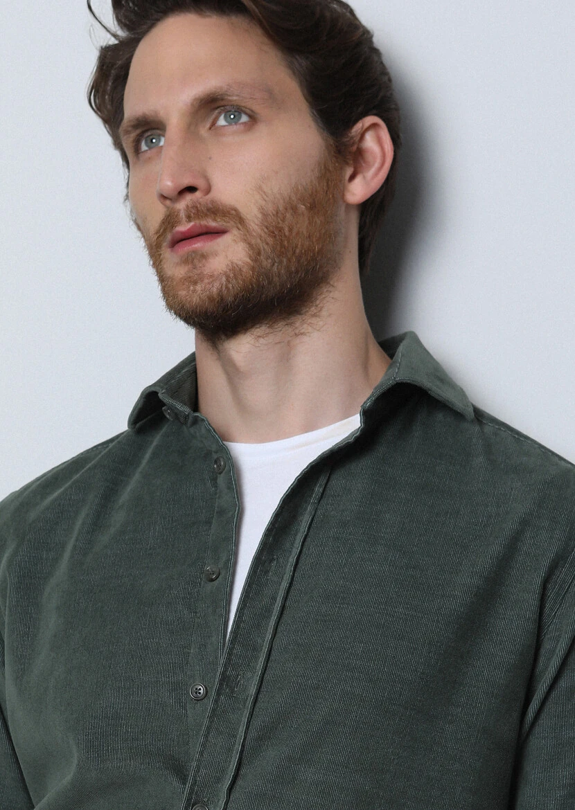 Khaki Ribbed Regular Fit Weaving Casual Cotton Blended Shirt - 3