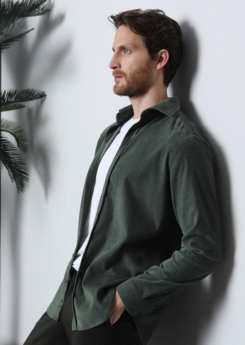 Khaki Ribbed Regular Fit Weaving Casual Cotton Blended Shirt - 4