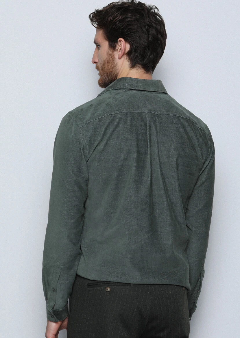 Khaki Ribbed Regular Fit Weaving Casual Cotton Blended Shirt - 5