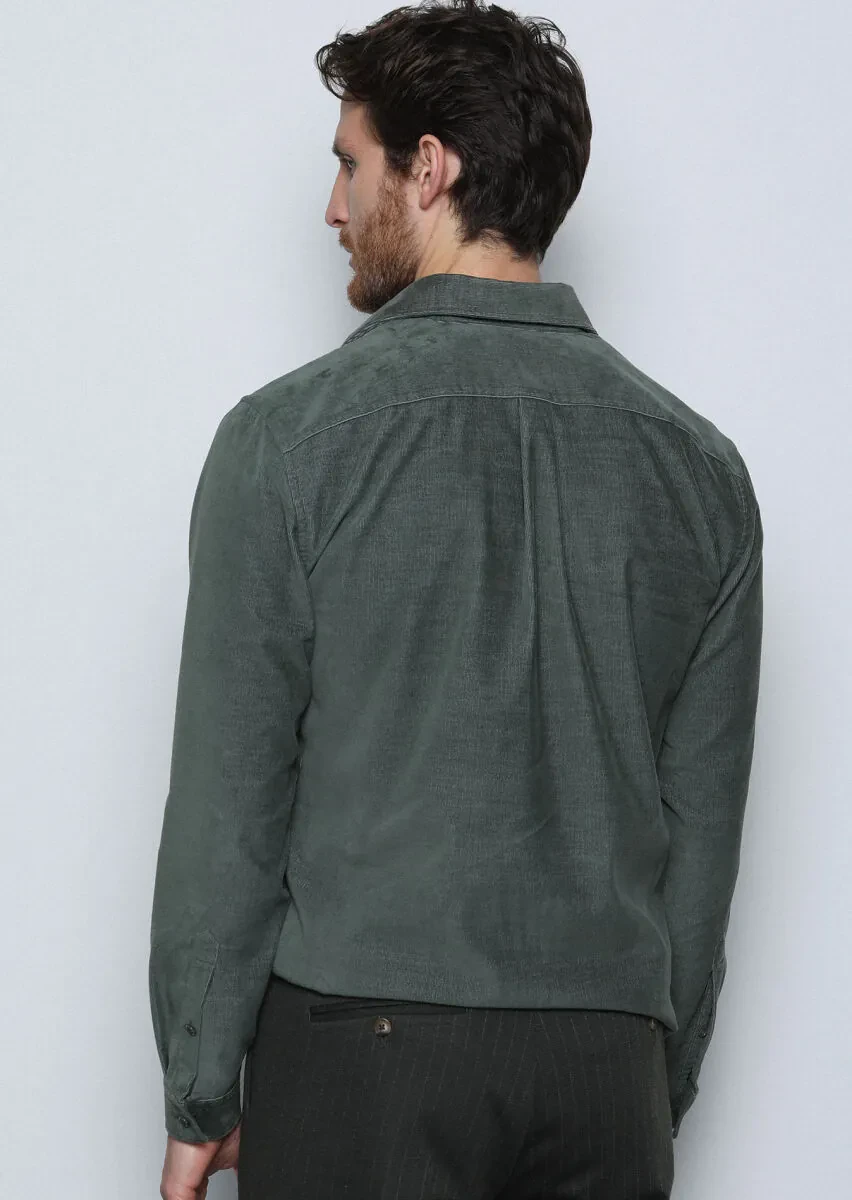 Khaki Ribbed Regular Fit Weaving Casual Cotton Blended Shirt - 5