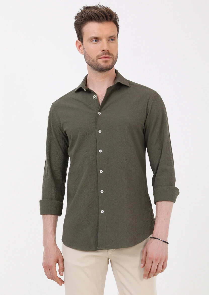 Khaki Slim Fit Weaving Casual Cotton Blended Shirt - 1
