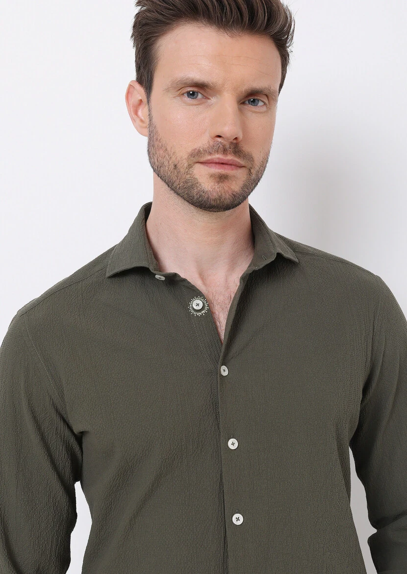 Khaki Slim Fit Weaving Casual Cotton Blended Shirt - 2