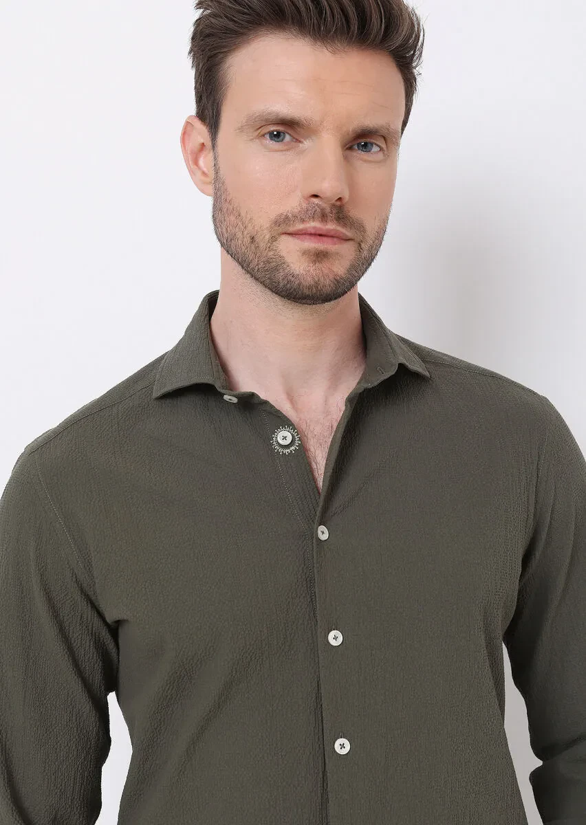 Khaki Slim Fit Weaving Casual Cotton Blended Shirt - 2