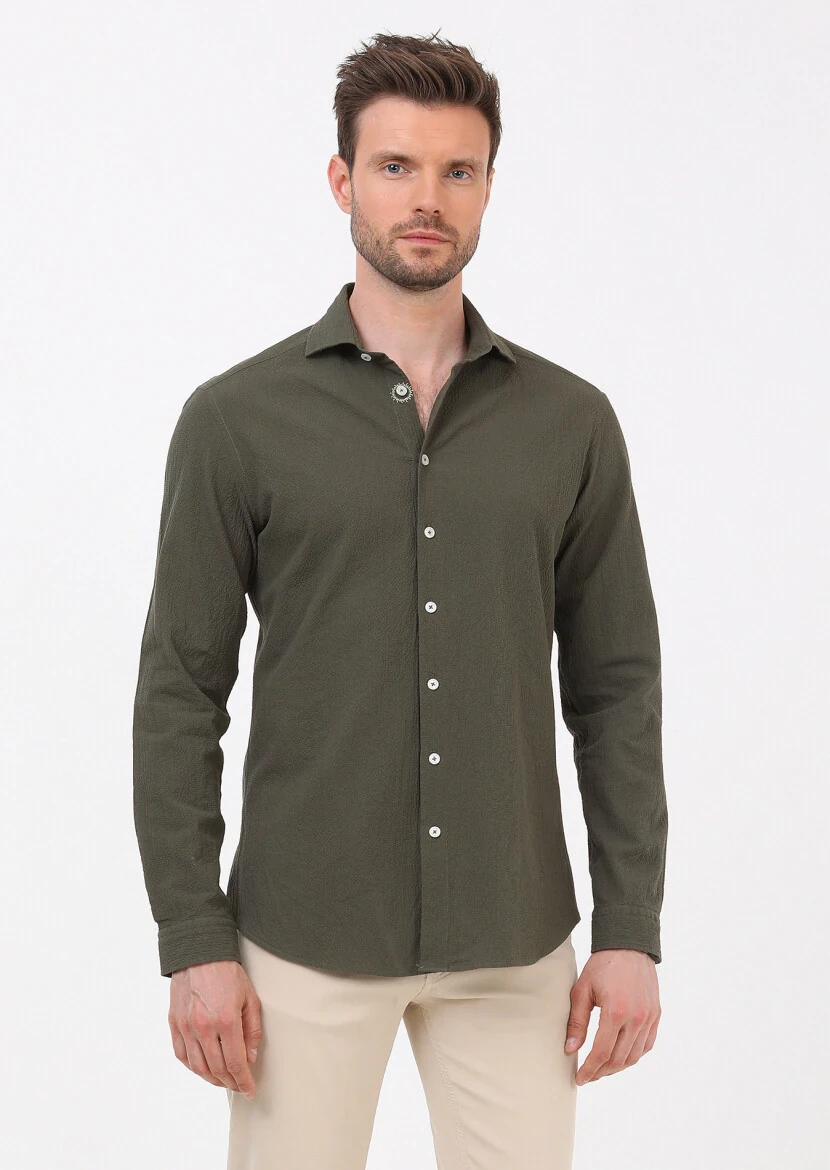 Khaki Slim Fit Weaving Casual Cotton Blended Shirt - 4