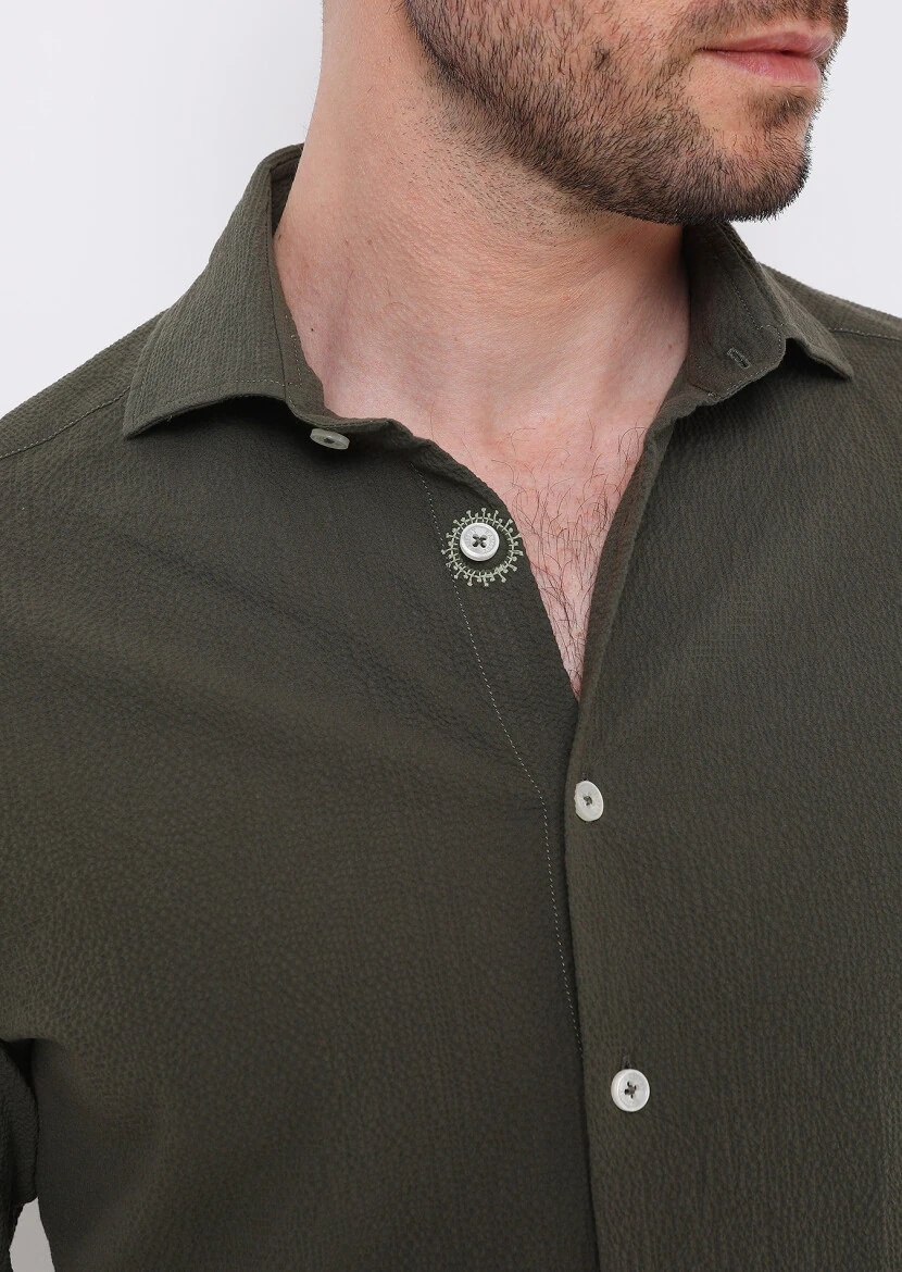 Khaki Slim Fit Weaving Casual Cotton Blended Shirt - 5