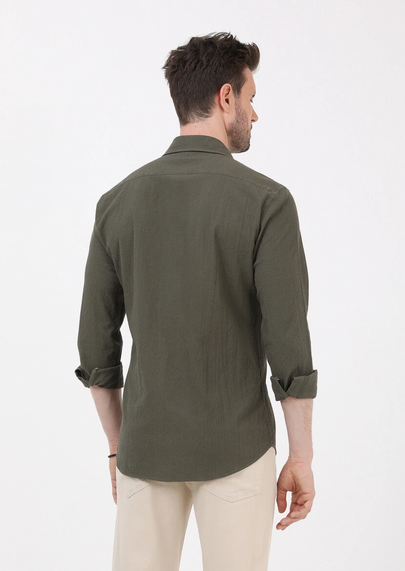 Khaki Slim Fit Weaving Casual Cotton Blended Shirt - 6