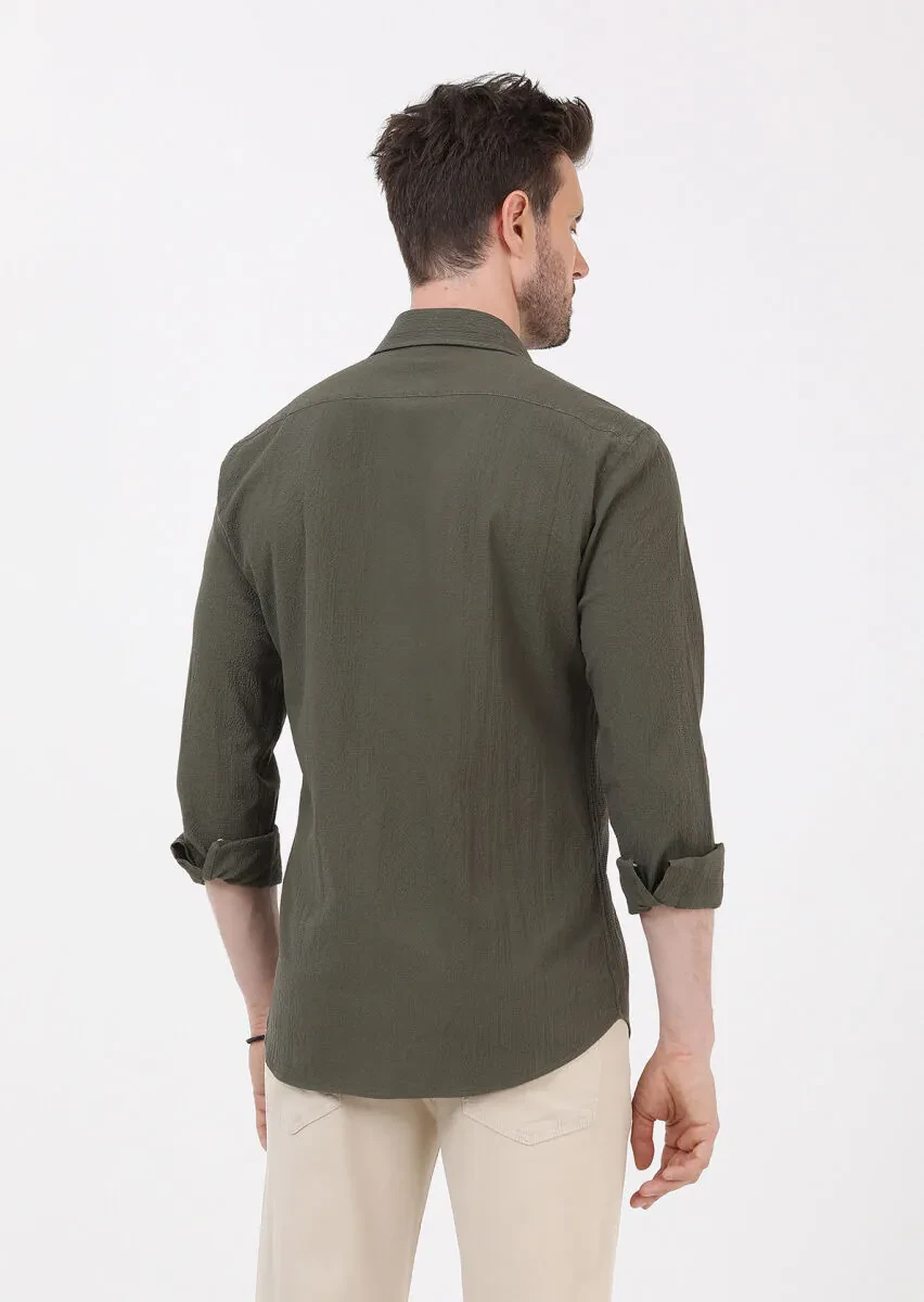 Khaki Slim Fit Weaving Casual Cotton Blended Shirt - 6