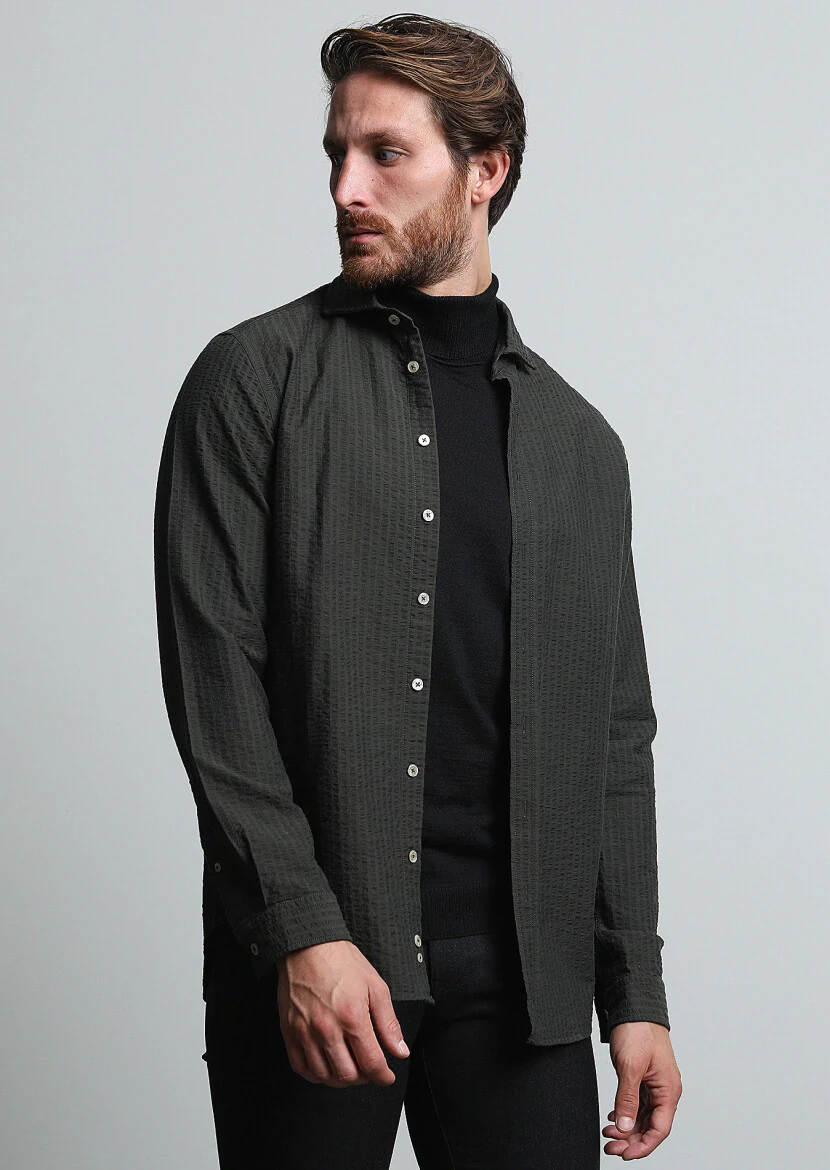 Khaki Striped Regular Fit Weaving Casual 100% Cotton Shirt 