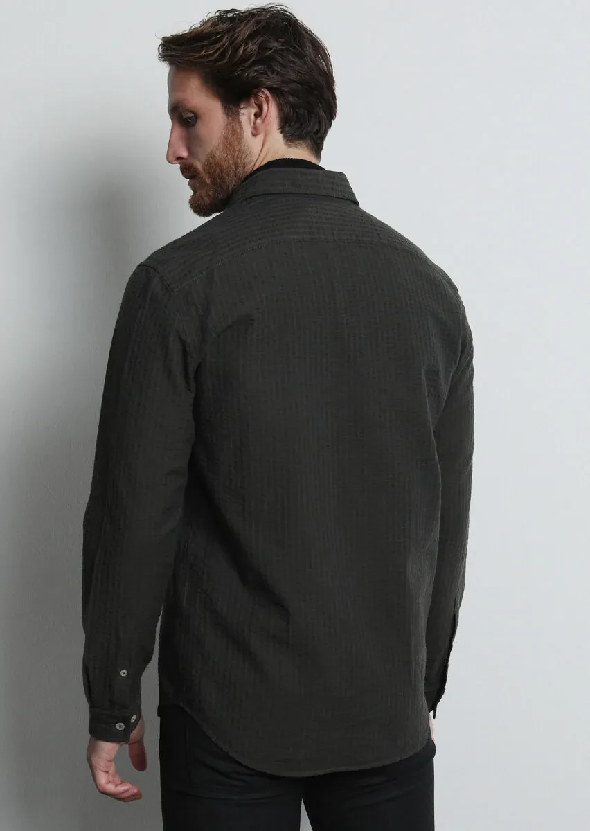 Khaki Striped Regular Fit Weaving Casual 100% Cotton Shirt - 5