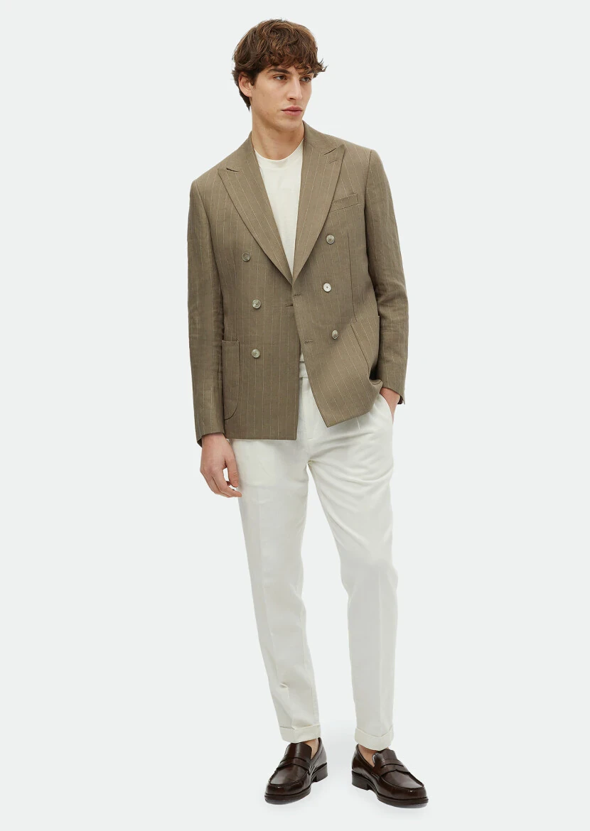 Khaki Striped Zeroweight Slim Fit Linen Blended Jacket - RAMSEY