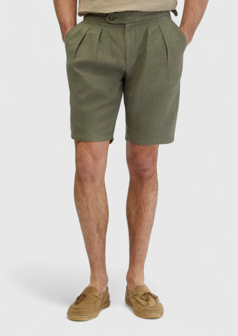 Khaki Weaving Carrot Fit Casual 100% Linen Bermuda - 2